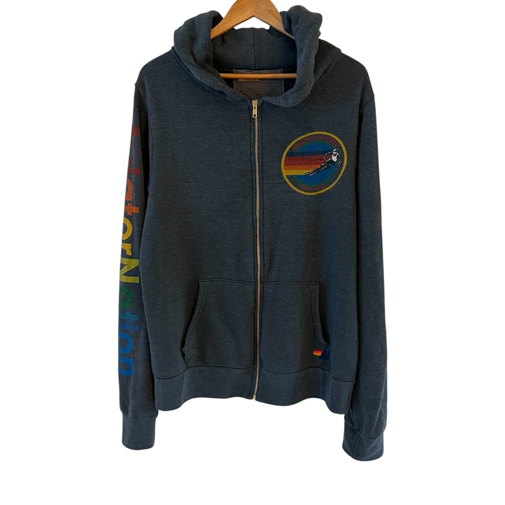 Aviator Nation Full Zip Hoodie Mens Unisex XL Gray Vail CO Rainbow Ski Graphic
